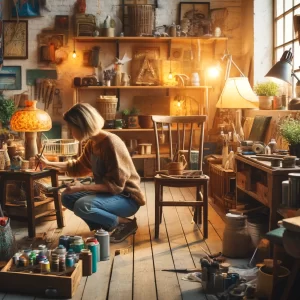 femme qui peint un objet ancien pour le mettre à son goût